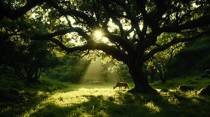 Obraz premium Majestic Oak Tree Dominates a Forest Landscape with Sunlight and Deer