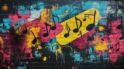 Fototapeta premium Colorful musical graffiti on urban brick wall with vibrant notes and abstract patterns