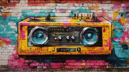 Vibrant street art of yellow boombox on colorful graffiti brick wall