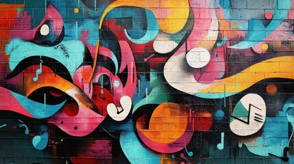 Vibrant abstract street art with colorful swirls and musical notes on a brick wall