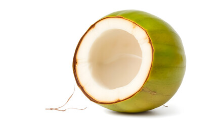 a fresh, halved coconut with its refreshing juice is visible. It's green exterior contrasts with the white, edible flesh