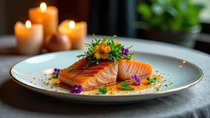Gourmet Pan-Seared Salmon Fillet, Delicately Garnished with Edible Flowers and a Savory Glaze, Served on an Elegant Plate with Soft Candlelight Ambiance