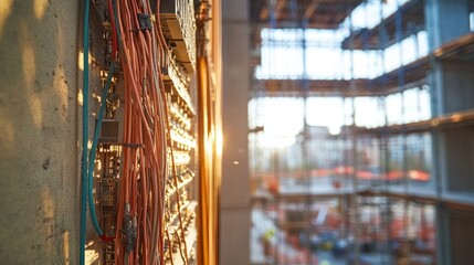 Sunset illuminates exposed wiring in a building under construction.
