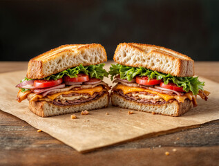 Sandwich split in half, revealing its rich layers of ingredients, placed on a neutral backdrop.
