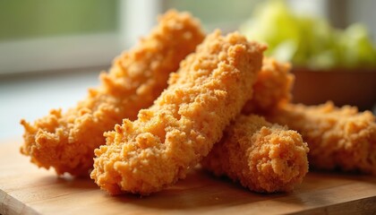 Close-up of crispy breaded chicken strips on wood plate, served with salad. Chicken fingers popular american fast food, snack, protein source. Breaded chicken ideal for menu or recipe.