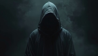 Mysterious hooded figure in dark robe isolated on black background with dramatic smoke. Enigmatic shadowy character with concealed face, eerie silhouette, ominous presence. Dramatic foreboding gothic