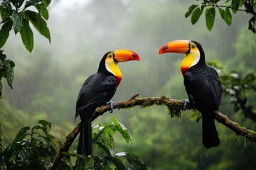 Two toucans on a branch in a rainforest during a rain shower.