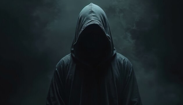 Mysterious hooded figure in dark robe isolated on black background with dramatic smoke. Enigmatic shadowy character with concealed face, eerie silhouette, ominous presence. Dramatic foreboding gothic