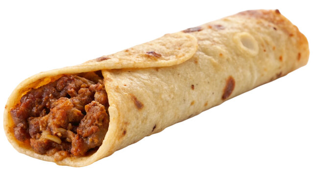 Single homemade Mexican beef taquitos isolated on white background. Suitable for marketing or business purposes. PNG file