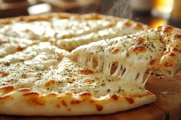 Delicious cheesy pizza slice being pulled from a whole pizza, showcasing melted mozzarella and herbs.  Perfect for food blogs, restaurants, or pizza delivery services.