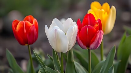 Fototapeta premium Vibrant Spring Tulips Closeup Red White Yellow Flowers