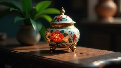 An ornate floral patterned jar sits on a dark wooden table, illuminated by warm sunlight