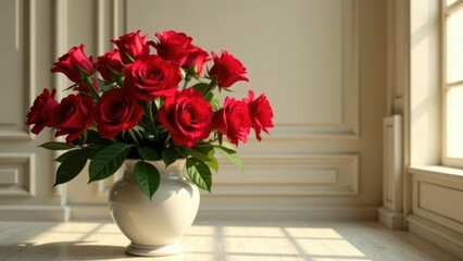 A bouquet of deep red roses in a classic white vase, bathed in soft sunlight near a window, exudes elegance and timeless beauty within a serene interior setting.