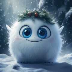 Fototapeta premium Cute, fluffy, snow, creature, with, big, blue, eyes, wearing, christmas, wreath, sits, on, snow.