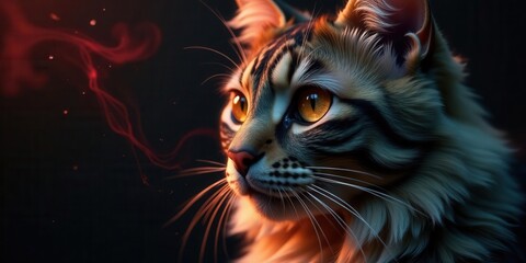 A captivating portrait of a longhaired feline, its amber eyes gleaming with an ethereal glow, set against a backdrop of swirling crimson smoke.