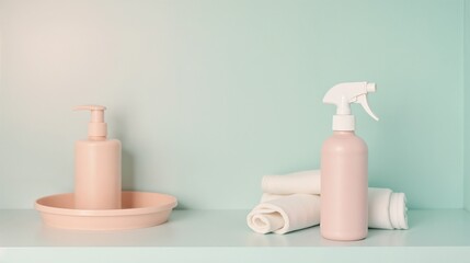 Soft pastel bathroom setup with cleaning supplies and neatly folded towels on a modern shelf