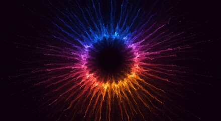 Cosmic Bloom: A mesmerizing abstract image featuring a vibrant, multicolored burst resembling a cosmic flower or nebula, with radiating streaks of light emanating from a dark central core.