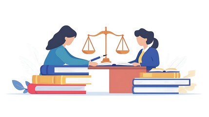 Women Studying Law with Books and Justice Scale, Two women studying at a table with books and a scale of justice