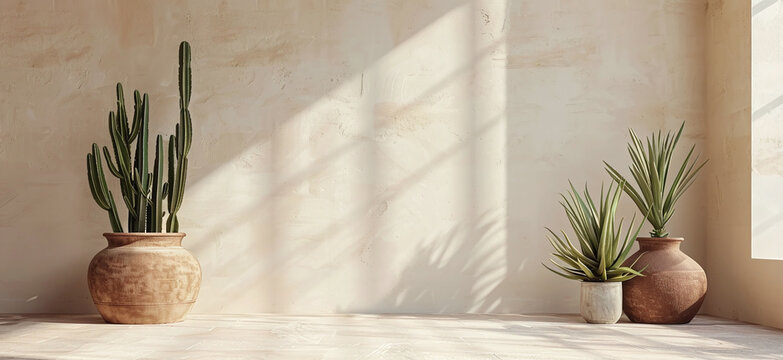Rustic backdrop with cacti houseplants and warm sunlight. Beige sandy wall with vibrant potted cacti and tropical plants. Minimalist home interior design with greenery. Ideal for a virtual meeting set