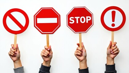 Hands holding various prohibition signs on sticks against white background. Conceptual visuals for diverse restrictions, regulations. Red, white colors. Visual metaphor for warnings, alerts, safety,