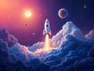Fototapeta premium Rocket launching into space, symbolizing big dreams and aspirations.