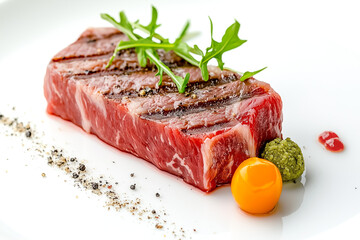 This beautifully arranged raw beef steak showcases rich textures and vibrant colors, accompanied by delicate garnishes on a pristine white plate, inviting culinary creativity and indulgence