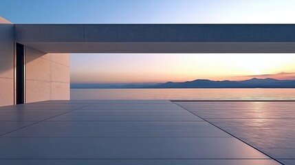 Obraz premium Sleek Modern Architecture Overlooking Serene Waterfront at Sunset with Soft Gradient Colors