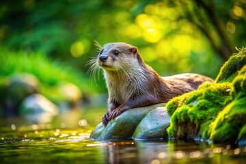 Fototapeta premium Eurasian Otter Rock Resting - Wildlife Photography, Nature Image, River Otter, Lutra Lutra, Wild Animal, British Wildlife, Mammal Photography