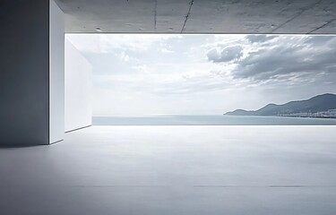 Obraz premium Minimalist Open Space with Ocean View and Soft Natural Light Creating a Serene Ambiance