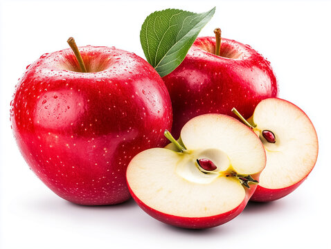 Two whole ripe red apples stand boldly, glistening with fresh droplets, while a sliced apple reveals its crisp white flesh and seeds, bringing a burst of color and health to any setting