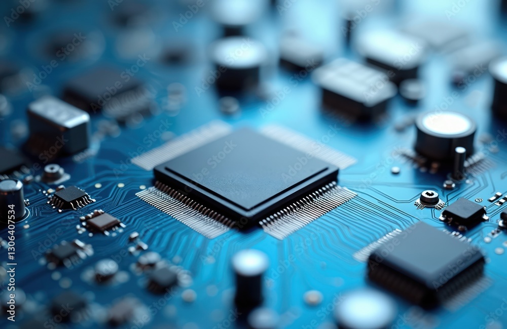 Poster close-up of blue electronic mainboard with microchips, integrated circuits. technology background. c
