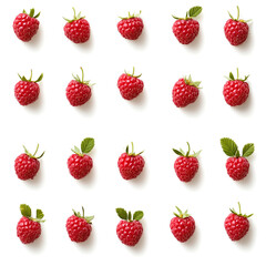 A precise arrangement of fresh red raspberries highlights their juicy texture and rich color against a pristine white backdrop, perfect for culinary creativity and healthy eating