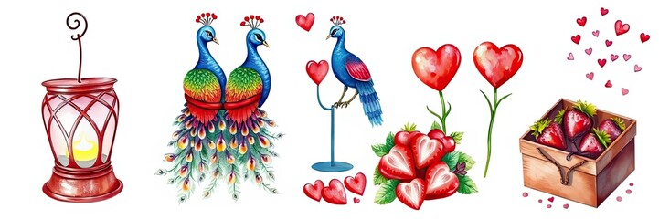 Obraz premium Romantic Valentine s Day Illustration Peacocks Hearts Strawberries Lantern