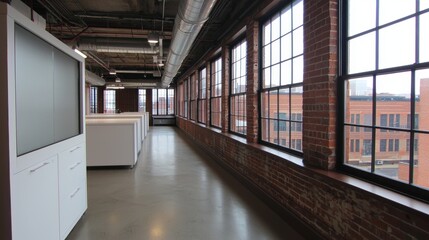 Obraz premium Modern Industrial Office Interior with Large Windows and Minimalist Design