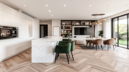 Fototapeta premium Modern minimalist kitchen and dining area with sleek furniture design