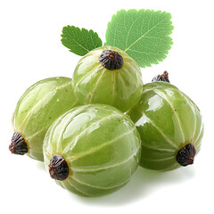 Fresh whole green gooseberries are artistically displayed against a clean white background
