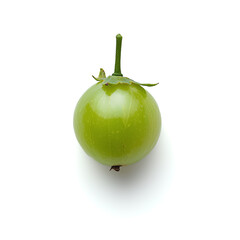 A single whole green gooseberry is artistically placed against a pristine white background, highlighting its fresh, juicy appearance