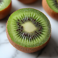 A whole green kiwi is beautifully halved to reveal its luscious green pulp and delicate black seeds. The clean edges contrast vividly with the white backdrop, highlighting the fruit's natural charm