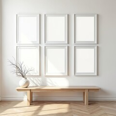 Six blank picture frames hang on wall above wooden bench in bright room with parquet floor. Vase with dried branches placed on bench. Mockup template for photos or art.