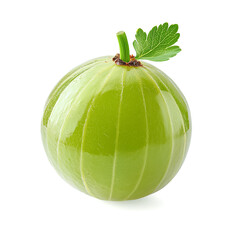 A whole green gooseberry showcases its smooth, glossy skin and distinctive ribbed texture, resting on a pristine white background