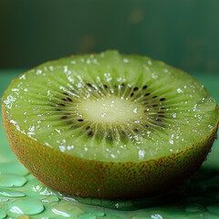 Bright green kiwi half reveals its juicy, textured flesh and tiny black seeds, radiating freshness. Ideal for healthy dishes or vibrant desserts, inviting taste exploration with each bite