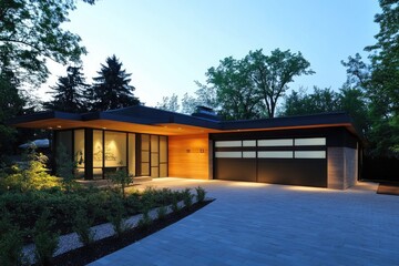 Modern House Exterior at Dusk with Warm Wood Accents