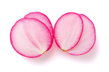 Whole red radish showcases its vibrant color and clean edges against a pure white background, highlighting its freshness and appealing texture perfect for salads or garnishes