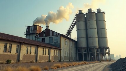 Industrial Complex at Dawn  Smoke Stacks and Silos in a Gravel Yard