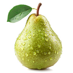 Vibrant whole green pear sits against a clean, white backdrop. The smooth skin glimmers with water droplets, highlighting its freshness and natural allure, while a single leaf adds charm