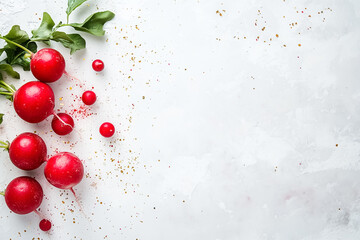Whole red radishes sit elegantly against a crisp white background, highlighting their rich color and fresh appearance. Perfect for culinary presentations or healthy lifestyle depictions