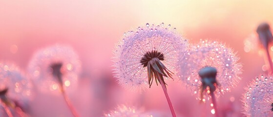 Obraz premium Dreamy Dandelion Seed Heads with Dew Drops in Soft Pink Light at Sunrise Concept of Spring, Hope, and New Beginnings