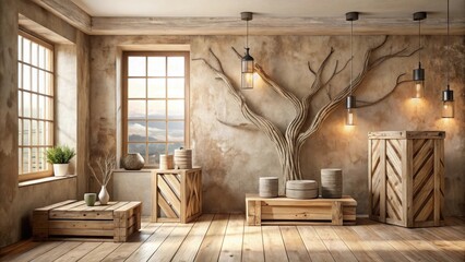 Rustic Interior Design with Wooden Accents and Warm Lighting Featuring a Unique Branch Art Piece