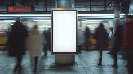Blank vertical poster mockup with a glowing frame mounted on a pillar in a busy subway station. Motion-blurred commuters and a moving train create a dynamic urban atmosphere. Ideal for advertising