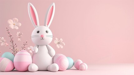 Fototapeta premium Arrière plan sur la fête de pâques, lapin, œufs de pâques et fond colorés pastel. 